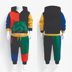 Coupe-vent deux pièces à capuche zippé pour garçons, style streetwear, imprimé uni, 100 % coton léger, color block, collection automne - Product Image 1