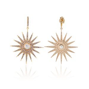 Genuine Pave <b>Diamond</b> Solid 14k Yellow Gold Rinbow Moonstone Designer <b>Dangle</b> Star <b>Earrings</b> Fine Jewelry Wholesale - Product Image 2