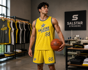 Maillot de basket-ball personnalisé pour homme, en maille, avec fermeture à pression, séchage rapide, polyester, sublimation, impression jaune, col en V, très vendu - Product Image 1
