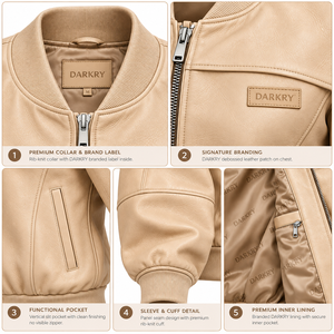 Blouson Bomber en Cuir de Mouton Crème Beige pour Femme avec Poignets Côtelés et Col Rabattu – Vêtement d'extérieur Décontracté OEM pour Dames – Vente en Gros - Product Image 6