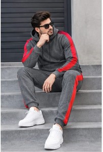 Chándal con Capucha para Hombre, Color Gris y Rojo, Estilo Urbano, Mangas Largas, Bolsillos Laterales con Cordón, Ropa de Invierno, 100% Algodón Felpa - Product Image 4