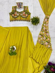 Sari Drapeado de Diseñador para Mujer, Amarillo, con Blusa Bordada, Estilo Indo-Occidental, Largo hasta el Suelo, de Secado Rápido, para Todas las Temporadas, Fiestas y Graduaciones - Product Image 6