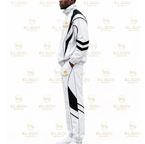 Ensemble de survêtement sportif pour homme, blanc et noir, avec blocs de couleur, fermeture éclair intégrale, léger, en polyester, deux pièces avec poches latérales - Product Image 3