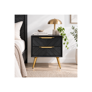 Stylish Wooden <b>Bedside</b> <b>Cabinet</b> With Chevron Wood Panel Design, Smooth Drawer Storage And Golden Legs For Bedroom Furniture - Product Image 1
