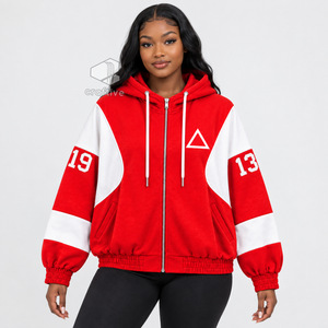 Delta |   Sigma | Sudadera con capucha extragrande con cremallera y bloques de color rojo y blanco para mujer de Theta Sorority, con letras griegas bordadas, estilo universitario - Product Image 4