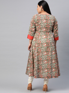 Kurta en coton imprimé Kalamkari motif pêche, coupe trapèze, grande taille, col rond, manches trois quarts, pour femme, style inspiré des motifs - Product Image 4