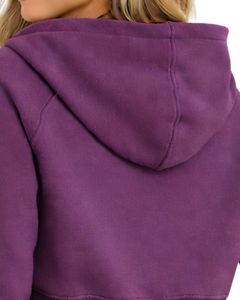 Sudadera con capucha corta con cremallera para mujer, de manga larga, informal, de forro polar suave, estilo urbano, color morado ciruela, tendencia de moda otoño-invierno - Product Image 6