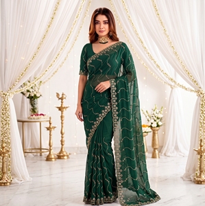 AARA Fashion Saree en soie vert élégant avec broderie dorée, protection solaire toutes saisons, pour mariage, femme, longueur ras du sol, coupe classique - Product Image 2