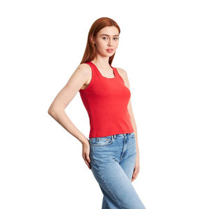Camiseta sin mangas de punto roja para mujer, cuello cuadrado, estilo casual, color liso, longitud regular - Product Image 3