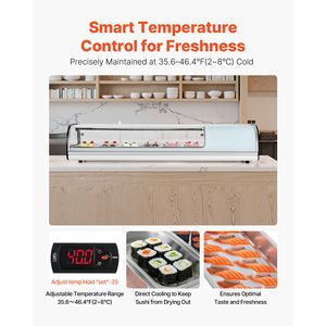 Vetrina Espositiva per Sushi Commerciale da 2,2 Piedi Cubi con 6 Contenitori in Vetro Curvo e Illuminazione LED - Product Image 4