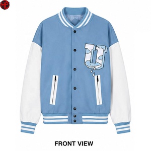 เสื้อแจ็คเก็ต Letterman สีน้ำเงินขาวสำหรับผู้ชาย ทรงเบสบอล คอวี มีซิปและกระเป๋าเสื้อ สำหรับใส่ลำลอง เสื้อแจ็คเก็ต Varsity สำหรับผู้ชาย - Product Image 1