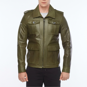 Veste en cuir verte pour homme avec fermeture éclair, col rabattable, épaulettes, style workwear, coupe classique, pour l'automne - Product Image 2