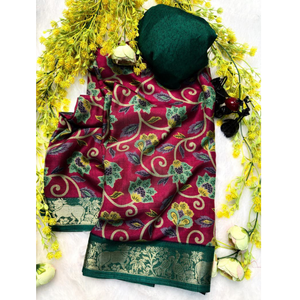Sari en soie élégant de couleur bordeaux à motifs floraux avec bordure verte contrastante – Collection de mariée et de fêtes - Product Image 1