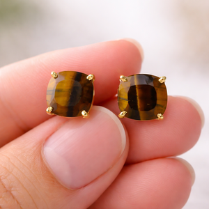 Natural Tiger Eye Prong <b>Earring</b> 8x8mm Cushion Faceted Gemstone <b>Handmade</b> Collet Stud Jewelry Gift for Women - Product Image 5