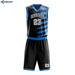 Custom Basketball Jersey Set Black Blue Striped V-Neck Sleeveless Sublimated Print Mesh Breathable Moisture Wicking Elastic - Product Image 2