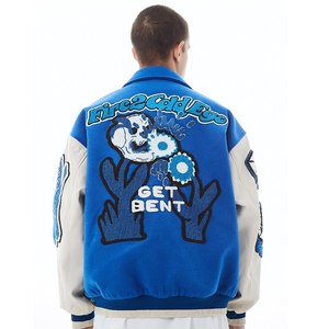 Chaqueta Varsity Azul y Blanca para Hombre, Estilo Preppy, con Parches Bordados, Cuello Camisero, Corte Regular, para Otoño - Product Image 4