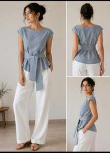 Top Peplum à nouer à la taille, best-seller, élégant, à ourlet évasé, coupe tendance pour tenue décontractée, de bureau ou de soirée, disponible en grande quantité - Product Image 4