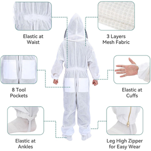 Professional Full Body Beekeeping <b>Suit</b> 3-Layer Mesh Ventilated with Fencing Veil Gloves 8 Pockets Double Zipper Wholesale - Product Image 3
