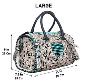 Hand-Tooled Cow Leather Large Speedy Duffel <b>Bag</b> with Turquoise Checkered Heart Western Design Custom <b>Travel</b> Handbag <b>for</b> Women's - Product Image 2