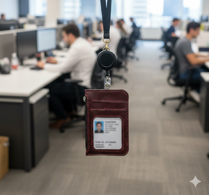 Porta Tarjetas de Identificación 2 en 1 de Cuero Genuino con Cordón Retráctil, Cartera para Tarjetas de Visita con Cierre - Product Image 3