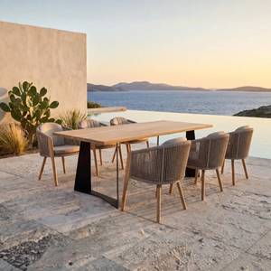 Ensemble de salle à manger d'extérieur contemporain, écologique et durable, avec table en teck de qualité supérieure et chaises en rotin, garantie de 3 ans - Product Image 1
