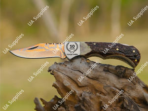 Couteau utilitaire pliant EDC de poche en acier Damas cuivré avec manche en corne de cerf pour le camping, la chasse, la survie, facile à transporter, OEM - Product Image 6