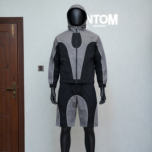 Fabricantes de ropa OEM, conjunto de chaqueta cortavientos y pantalones cortos de poliéster y nailon impermeables personalizados con cremallera. - Product Image 2