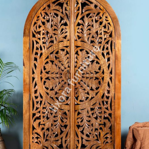 Luxury Handcrafted Solid Wood Arched 2 Door <b>Wardrobe</b> Ornate Mandala Leaf Carving Honey Oak Finish - Product Image 3