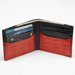 Portefeuille homme en cuir de crocodile, rouge et noir, en cuir véritable, porte-cartes multiples, style minimaliste alligator - Product Image 1