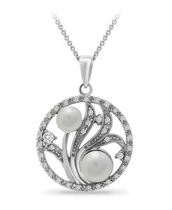 Pendentif médaillon floral en perles d'imitation blanches multiples de 6mm et zircon cubique sur chaîne de 18 ", fabriqué en plaque d'argent | Macy's - Product Image 1