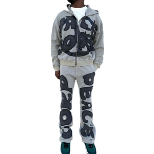 Ensemble deux pièces en coton délavé à l'acide vieilli personnalisé Pantalon de survêtement évasé pour hommes Survêtements à capuche imprimés décontractés d'hiver Vêtements d'extérieur - Product Image 1