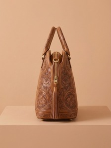 Genuine Leather Embossed Vintage Embroidered Travel <b>Backpack</b> Zipper Closure Soft Handle Shoulder Strap Polyester Lining Women - Product Image 2