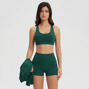 Women Yoga Wear 3 Piece Shorts Set Turn Down Training <b>Jacket</b> Racerback Bra Mid Waist Shorts Ladies <b>Workout</b> Wear Shorts 3 Pcs - Product Image 4