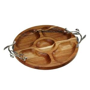 Plateau de service rond en bois recyclable à 5 sections avec poignées en métal aluminium – Fournitures en gros - Product Image 1