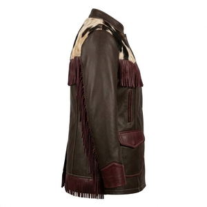 Women Stand Collar Burgundy <b>Fringe</b> Leather <b>Jacket</b> Real Cowhide Hair On Hide Western Yoke Bottom Trimmed Country Coat - Product Image 3
