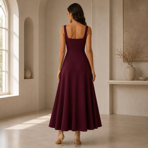Robe longue de luxe bordeaux coupe trapèze pour femme |   Robe de soirée élégante à col carré sans manches |   Cocktail de soirée vintage pour mariage - Product Image 2