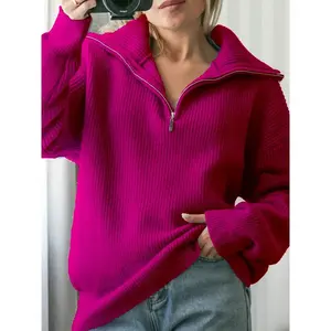 เสื้อคอเต่าแขนยาวถักแบบลำลองสำหรับผู้หญิงมีซิปสีเขียวสีกุหลาบแดง-2024ไซส์ L - Product Image 1