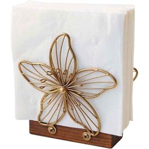 Gold Metal <b>Butterfly</b> Tissue Box Holder <b>Wood</b> Base Free Standing Design - Product Image 1