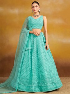 Mint <b>Green</b> Embroidered Lehenga Set Sleeveless Blouse <b>Net</b> Dupatta Banarasi Style Formal Wear - Product Image 1