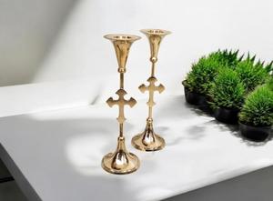 Tall <b>Brass</b> <b>Candlestick</b> Holder with Cross Design for Religious Activities Durable Metal Base Decorative - Product Image 2