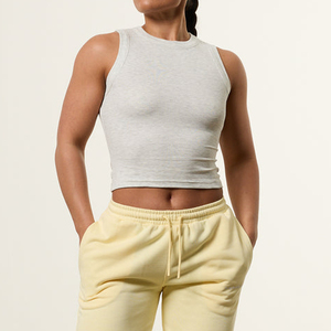 <b>Women</b> Solid Color Knitted Tank Top Casual Breathable Crop Top Light Gray Sleeveless <b>Back</b> View - Product Image 1