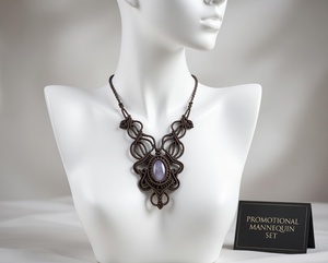 สร้อยคอมาคราเม่หยกสีน้ำเงิน งานแฮนด์เมด ลายดอกบัว เครื่องประดับทางจิตวิญญาณ ศาสนาพุทธ สายไม้ไผ่ สไตล์คลาสสิก HARI OM CREATIONS - Product Image 1