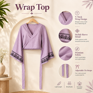 Top cruzado de lavanda con cuello en V y manga larga, estilo bohemio, con bordes estampados, tirantes ajustables, ideal para el verano. | Diario - Product Image 5