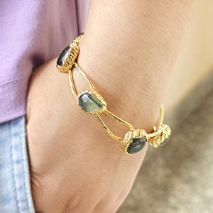 Luxury Natural Prehnite 18k Gold Plated Open Cuff <b>Bracelet</b> Geometric Style Designer Handmade Brass Jewelry <b>Adjustable</b> <b>Bracelet</b> - Product Image 3