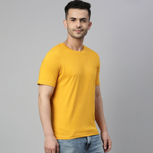 เสื้อยืดคอกลมแขนสั้นทรงปกติสีเหลืองมัสตาร์ดสำหรับผู้ชาย ผ้าถักสีพื้น สไตล์ลำลอง - Product Image 5