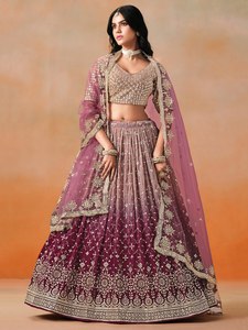 Purple Embroidered Organza Floor-Length A-Line <b>Lehenga</b> with Crop Top and Dupatta Quick Dry for Bridesmaid Wear - Product Image 6