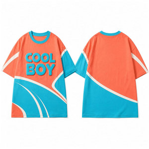 Camiseta de Manga Corta Oversize para Hombre Cool Boy, Diseño Casual con Estampado en Contraste Naranja y Azul, Cuello Redondo, Tejido con Relieve - Product Image 1
