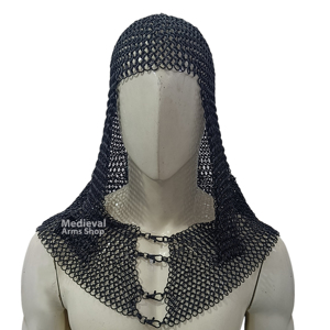 Coif de chevalier médiéval fait main en maille de fer à anneaux boutés en acier doux, à ouverture frontale, pour protection tête et cou, pour reconstitution historique - Product Image 1