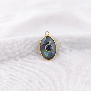 Labradorite Oval Bezel Pendant 14x10mm Oval Briolette Cut Gold Plated 925 Sterling Silver Double Stone Charms Handmade Jewelry - Product Image 1