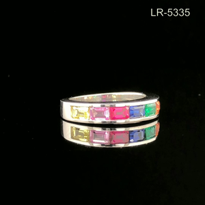 RAHA EXPORT RJ304 925 Sterling <b>Silver</b> Rainbow Gemstone Band <b>Ring</b> <b>Emerald</b> Cut Classic Unisex Everyday Wear Rhodium Plated Trendy - Product Image 2